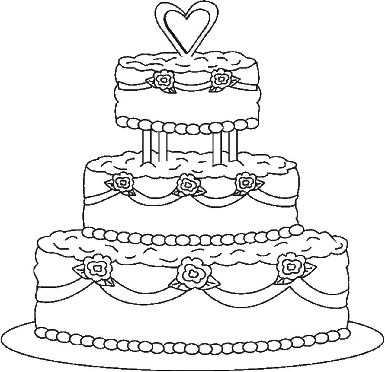 Розмальовки  Торт з сердечком на весілля. Завантажити розмальовку весілля, сукня, букет.  Роздрукувати ,Весілля,