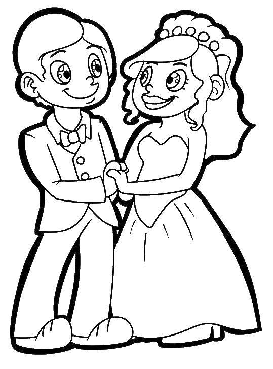 Розмальовки  Наречений і наречена тримаються за руки. Завантажити розмальовку весілля, сукня.  Роздрукувати ,Весілля,