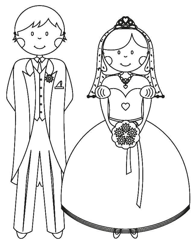 Розмальовки  Наречений і наречена в святковому одязі. Завантажити розмальовку весілля, наречений, наречена.  Роздрукувати ,Весілля,