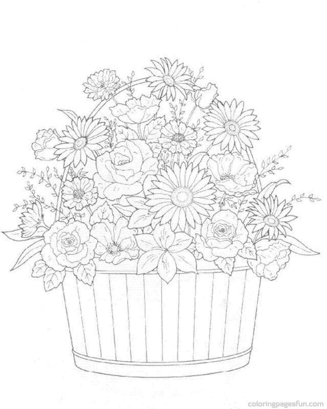 Название: Раскраска Большая корзина с цветами. Категория: Ваза. Теги: ваза, корзина, цветы.