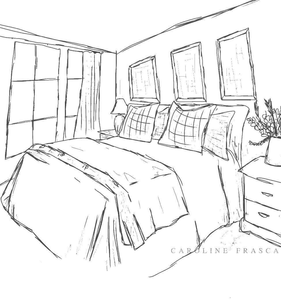 Название: Раскраска Большая кровать. Категория: Спальная комната. Теги: спальня, кровать.