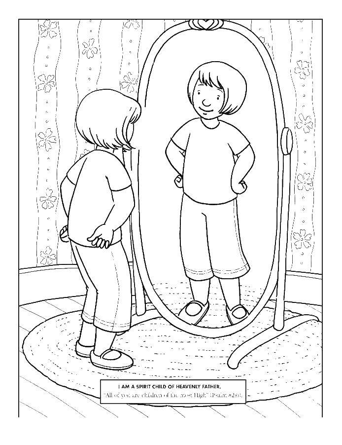 Название: Раскраска Девочка смотрит в зеркало. Категория: Люди. Теги: девочка, зеркало.