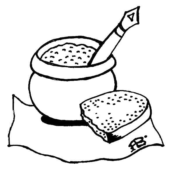 Название: Раскраска Каша с хлебом. Категория: еда. Теги: еда, каша, хлеб.