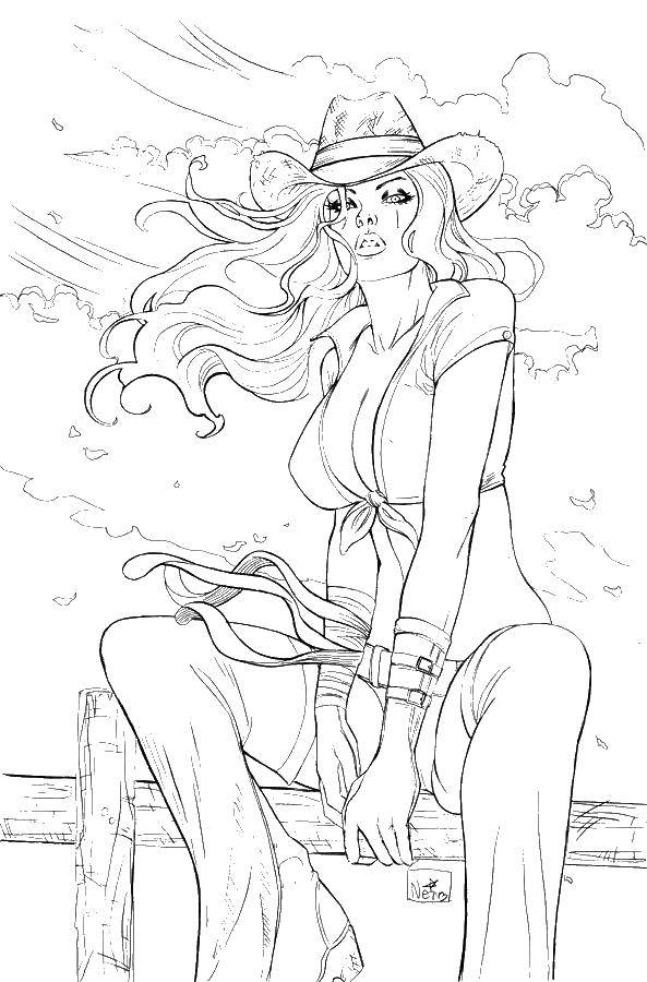 Coloring Kovbojskaya girl. Category coloring pages for girls. Tags:  girl, beauty, cowboy, country.