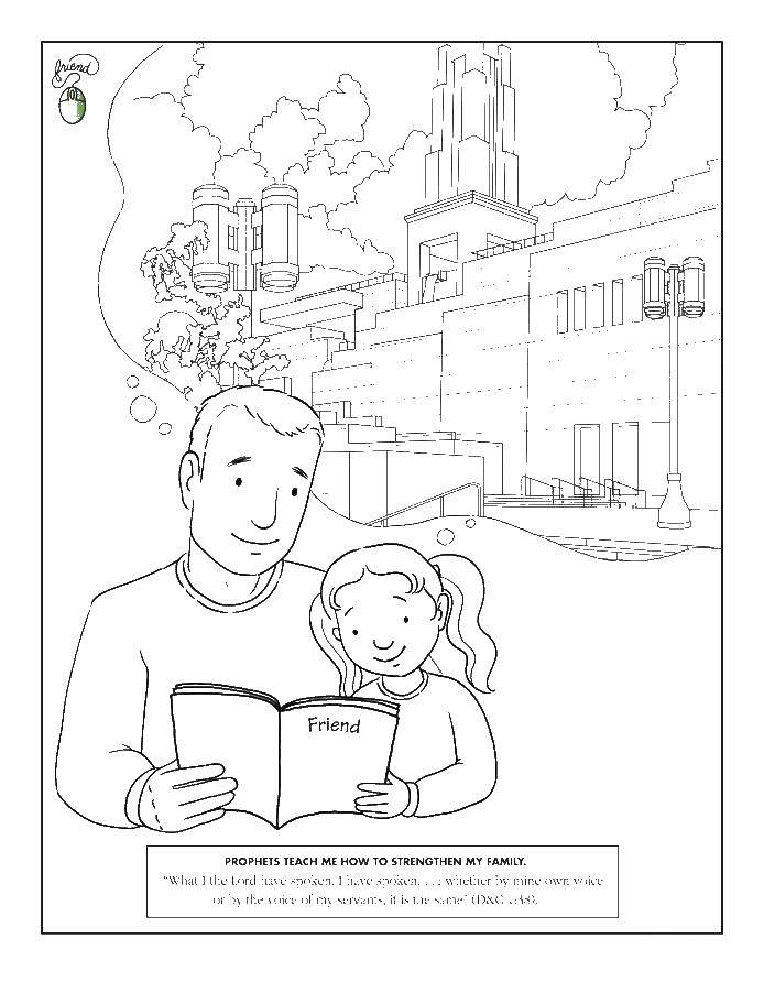 Coloring Father reading book to daughter. Category Family. Tags:  Family, children, books.