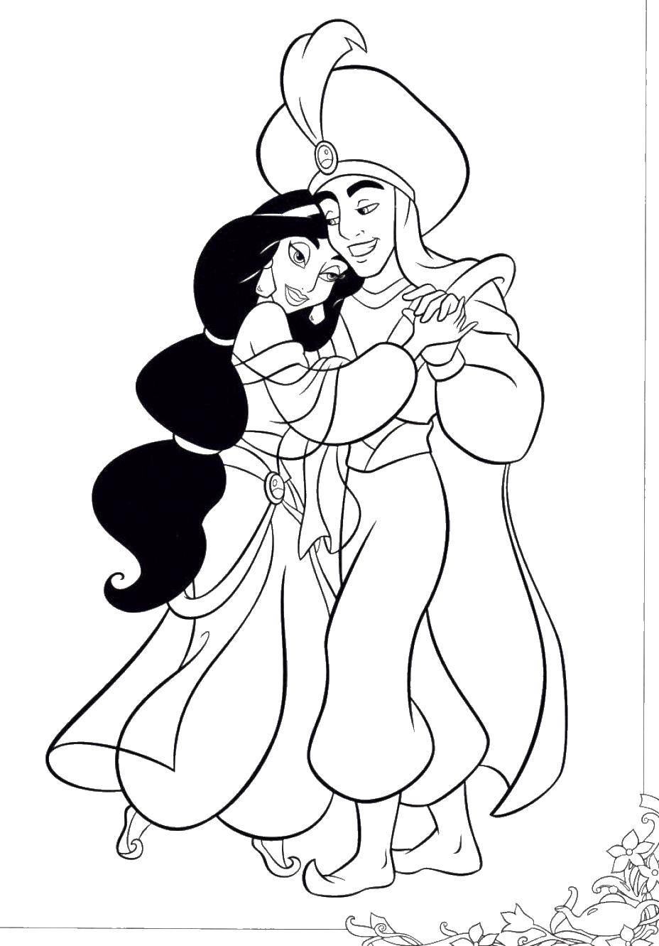 Coloring Princess Jasmine and Prince Ali. Category Disney cartoons. Tags:  Disney cartoons, Aladdin, Jasmine.