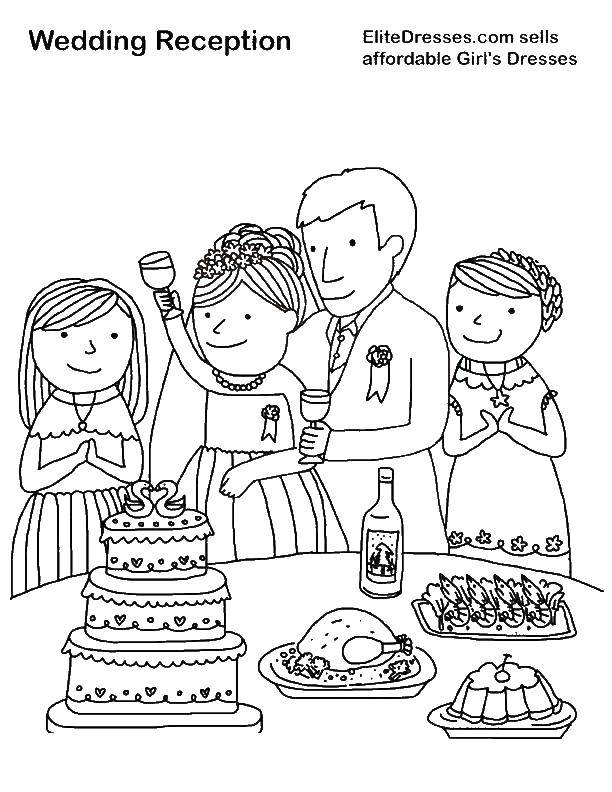 Название: Раскраска Застолье на свадьбе. Категория: Свадьба. Теги: свадьба, платье, букет.