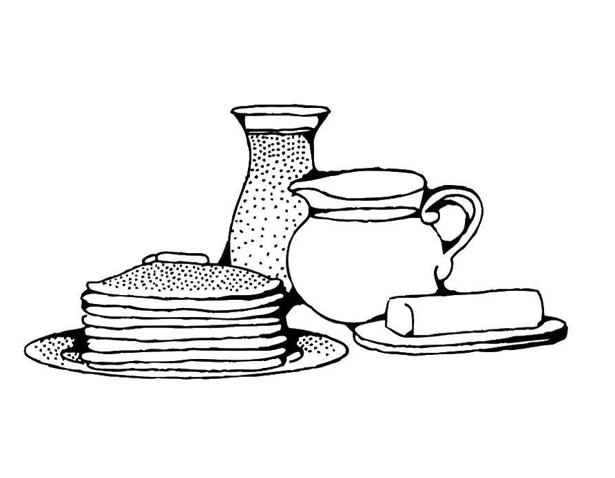 Название: Раскраска Завтрак. Категория: еда. Теги: еда, завтрак, блины, масло, молоко.