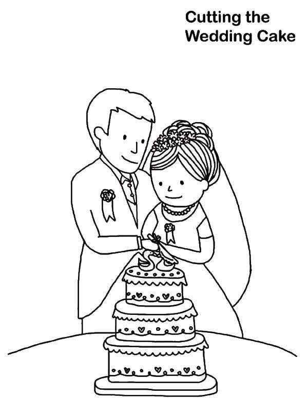 Название: Раскраска Жених и невеста разрезают торт. Категория: Свадьба. Теги: свадьба, платье, торт.