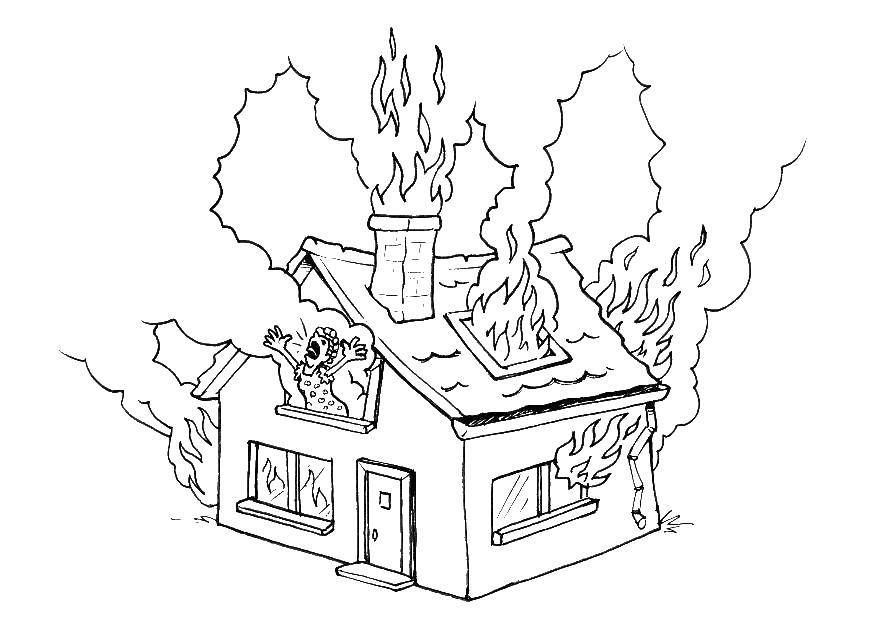 Розмальовки  Палаючий будинок. Завантажити розмальовку пожежа, вогонь, будинок.  Роздрукувати ,Вогонь,