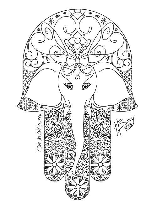 Розмальовки  Хамса зі слоном. Завантажити розмальовку рука, амулет, хамса.  Роздрукувати ,рука,