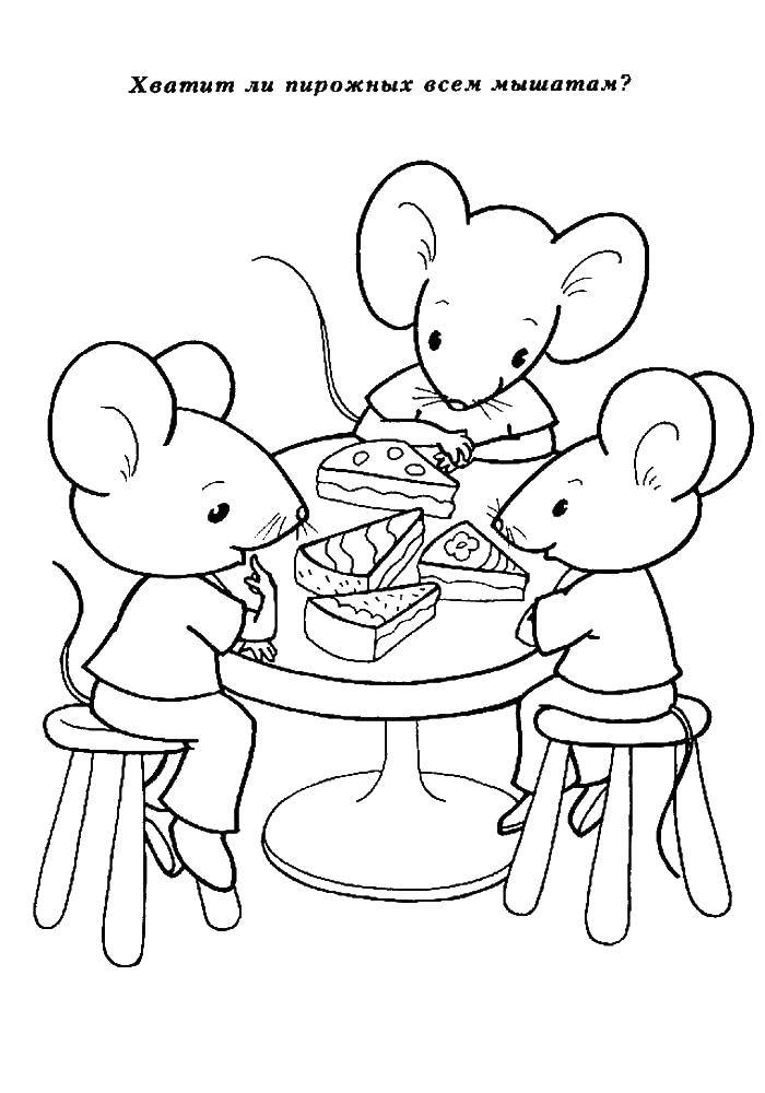 Розмальовки  Миші з тістечками. Завантажити розмальовку миші, тістечка.  Роздрукувати ,Навчальні розмальовки,