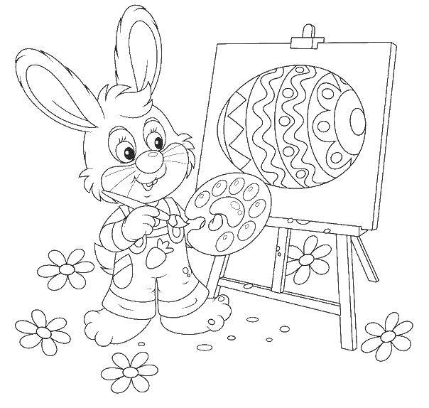 Розмальовки  Великодній кролик малює яєчко. Завантажити розмальовку Паска, яйця, візерунки, кролик.  Роздрукувати ,великдень,