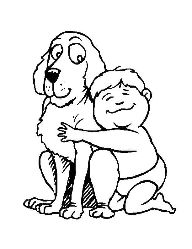Розмальовки  Дитина обіймає собаку. Завантажити розмальовку тварини, собака, собака, пес, дитина.  Роздрукувати ,собаки,