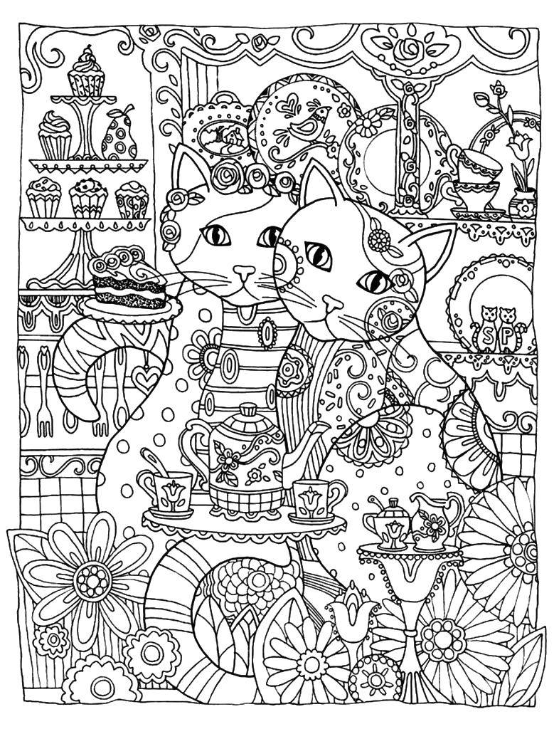 Розмальовки  Візерунковий будинок кішок. Завантажити розмальовку Візерунки, тварини.  Роздрукувати ,візерунки,