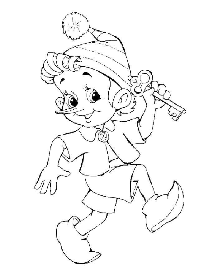 Coloring Pinocchio with key. Category Golden key. Tags:  Golden key, cartoons, Pinocchio, key.