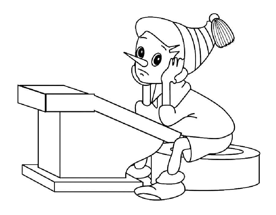 Coloring Pinocchio at the table. Category Golden key. Tags:  Golden key, cartoons, Pinocchio.