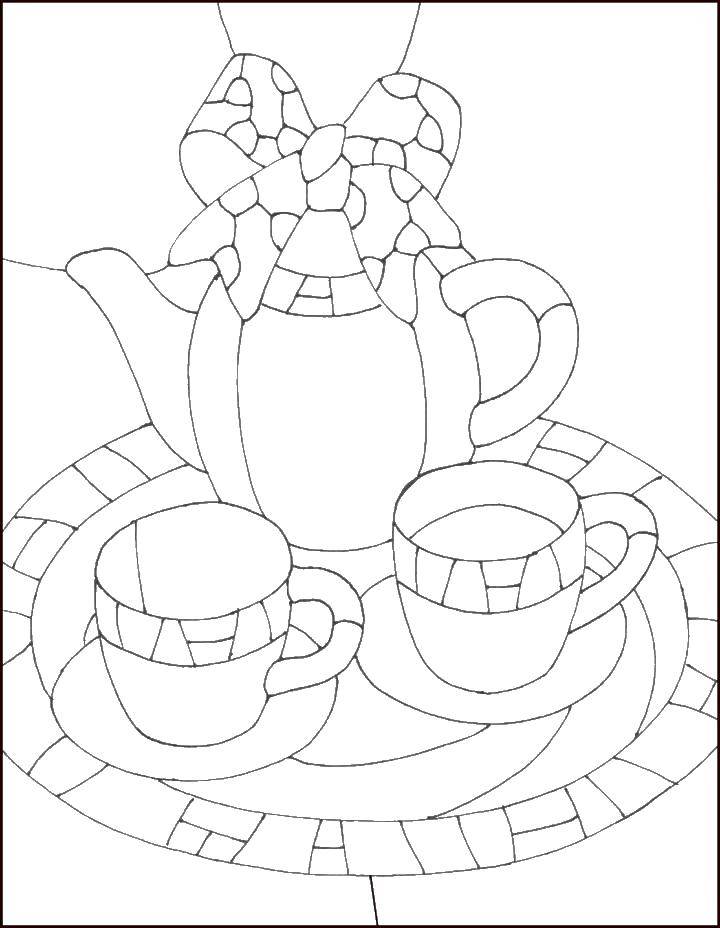 Coloring Kettle with cups. Category dishes. Tags:  the kettle , cups, .