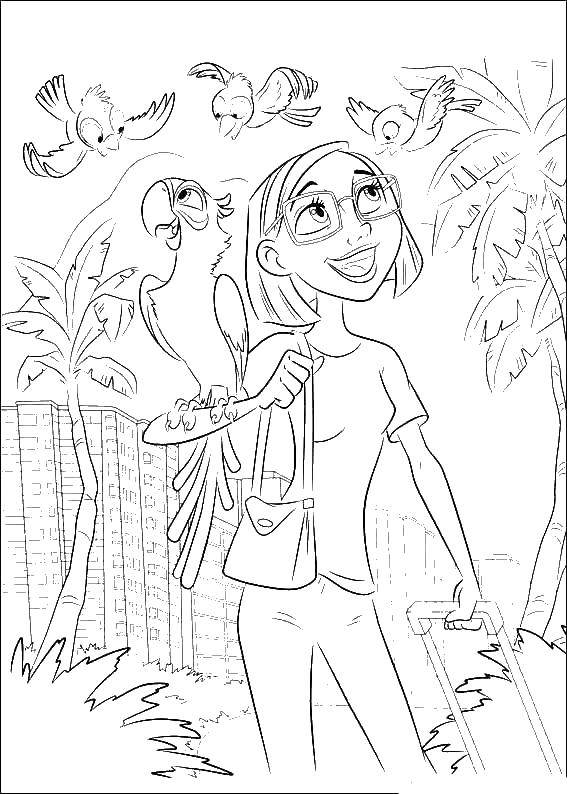 Coloring Girl and parrots. Category parakeet. Tags:  the girl, parrots.