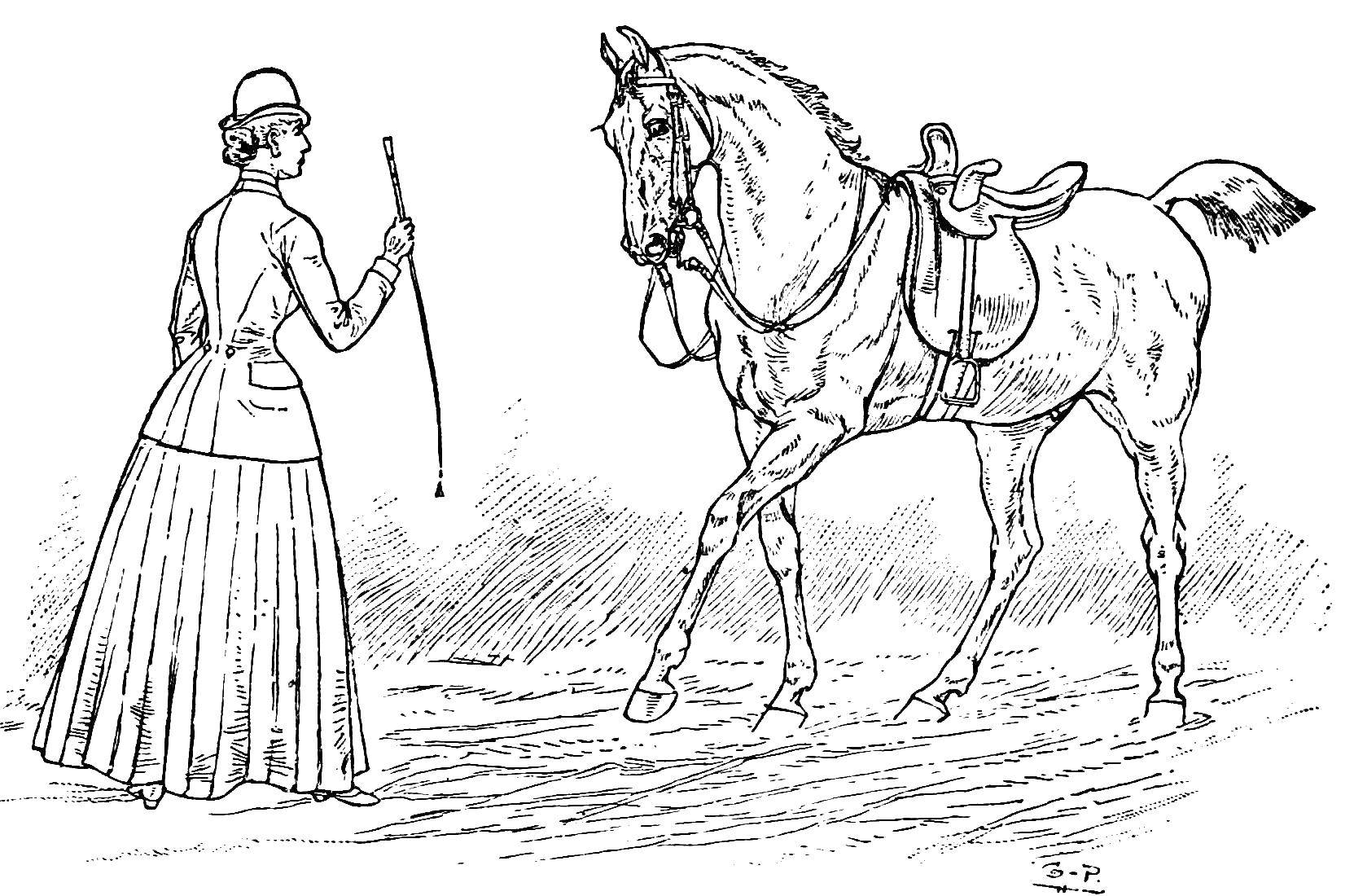 Название: Раскраска Девушка с лошадкой. Категория: лошади. Теги: лошадь, девочка.