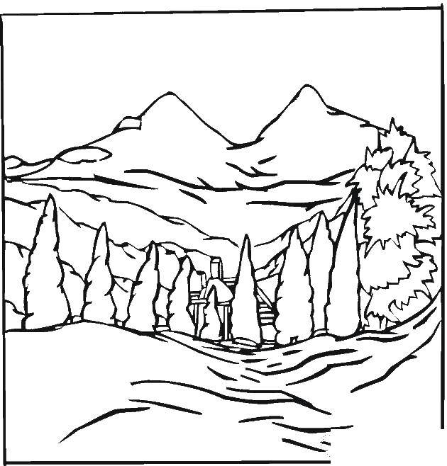 Coloring The cabin in the mountains. Category the forest. Tags:  forest, nature.