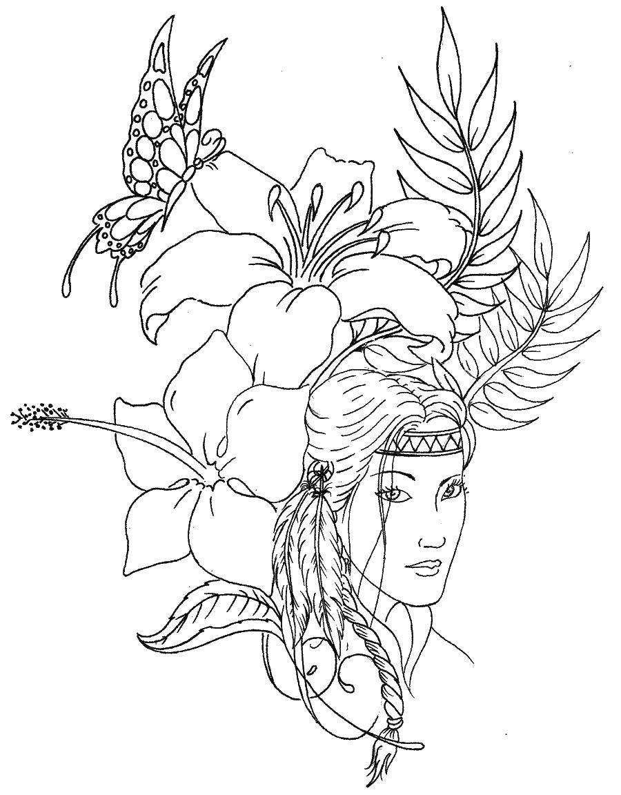 Название: Раскраска Индейская девушка с цветами в голове. Категория: девушка. Теги: девушка, цветы, индейцы.