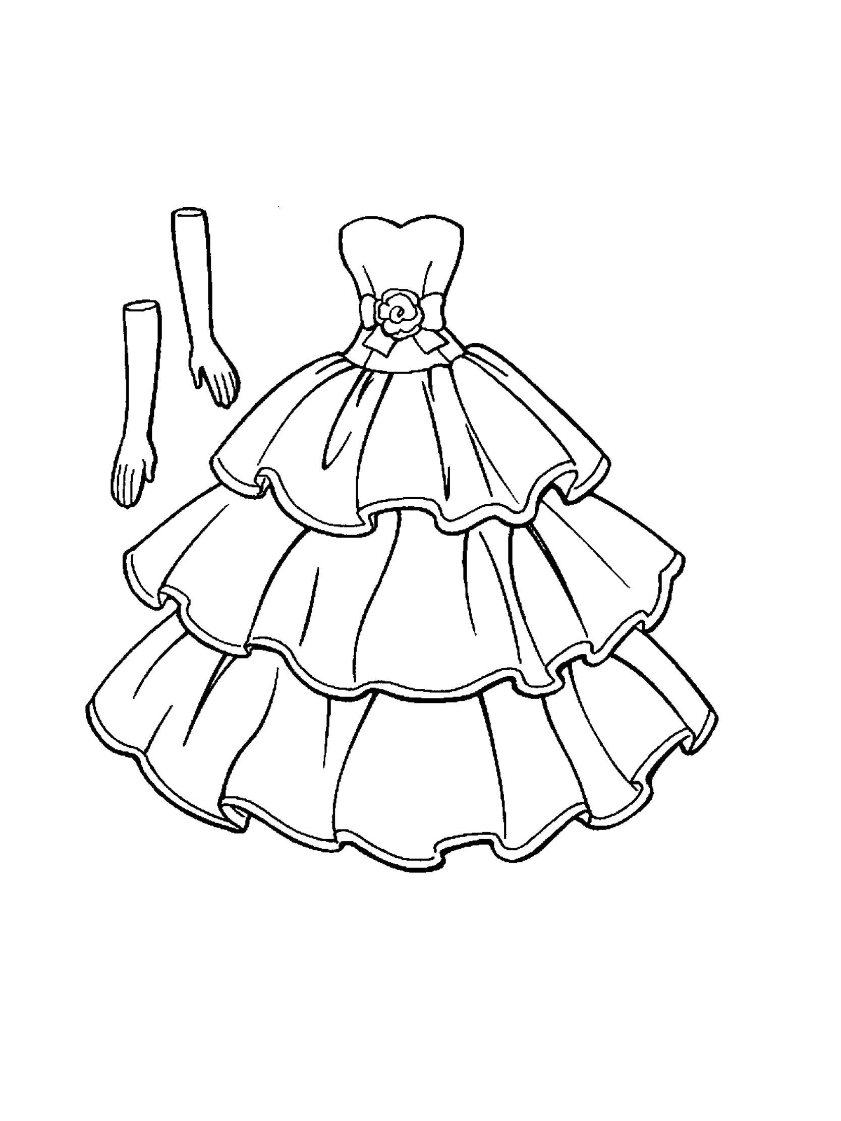 Название: Раскраска Красивое платье принцессы  с цветком и перчатки. Категория: одежда. Теги: Одежда, платье.