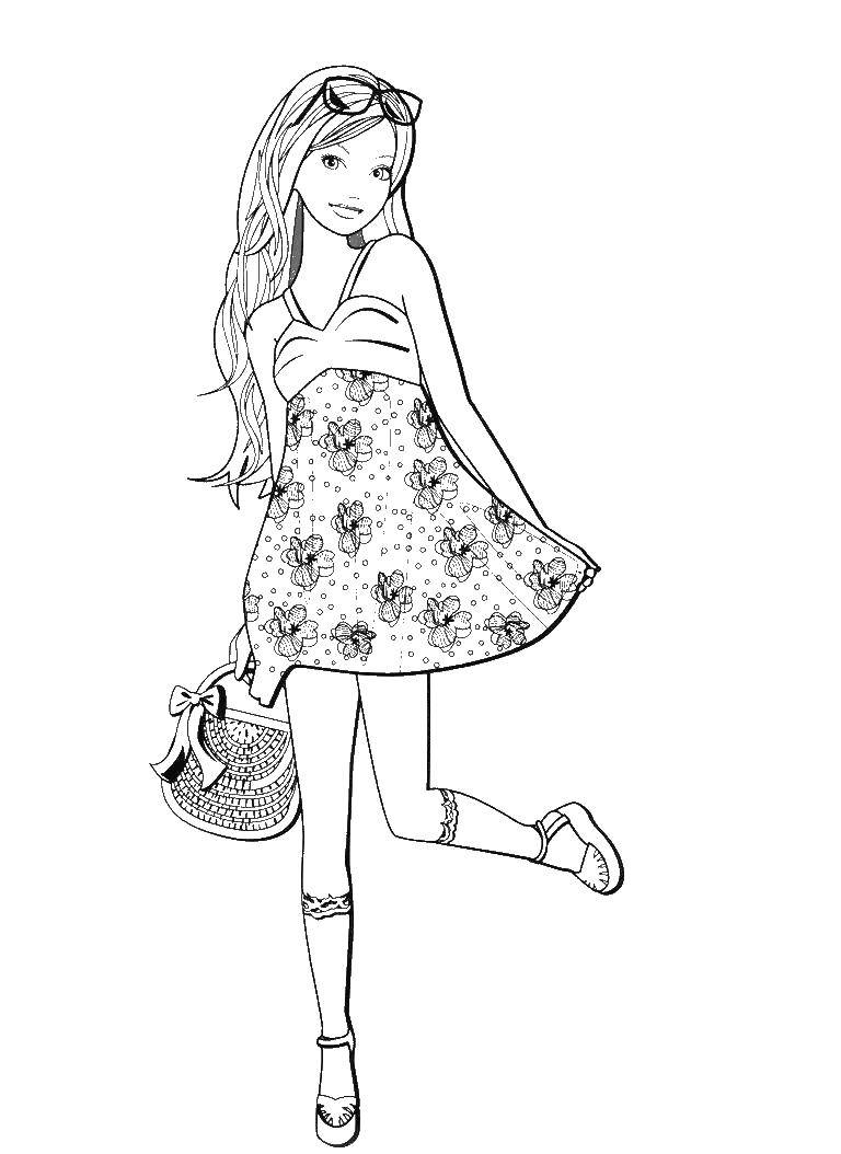 Название: Раскраска Летняя девушка в красивом нарде. Категория: одежда. Теги: девушка, красотка, платье, одежда, лето.