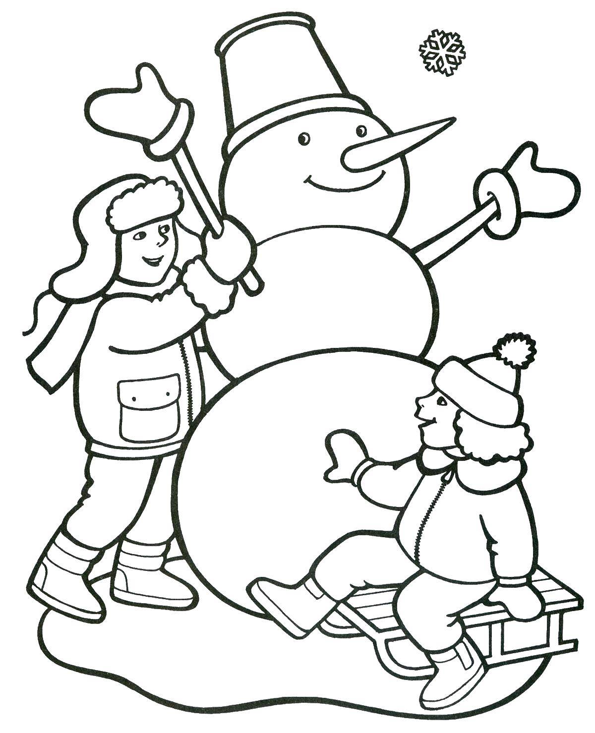 Название: Раскраска Мальчики делают снеговика. Категория: зима. Теги: мальчики, зима, снег, снеговик.