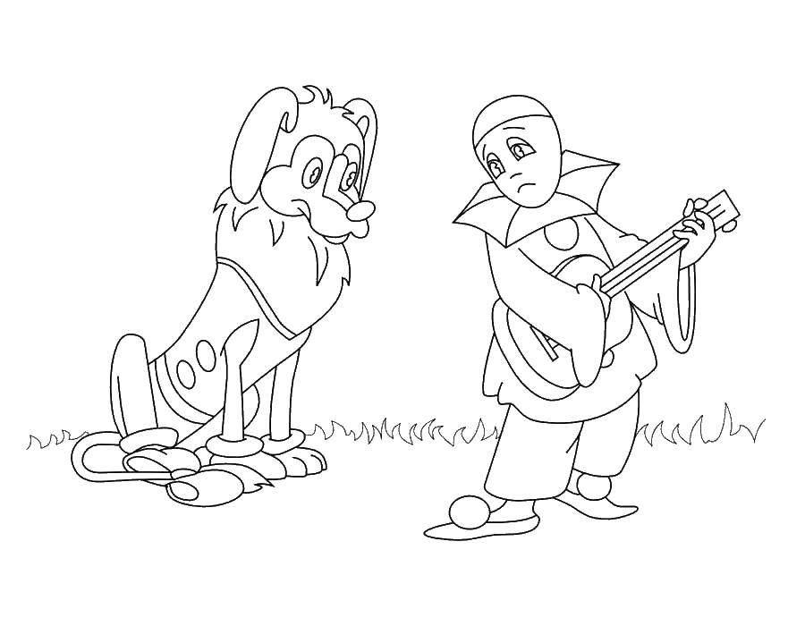 Coloring Dog and Piero. Category Golden key. Tags:  Golden key, cartoons, Pinocchio, Pierrot, dog.