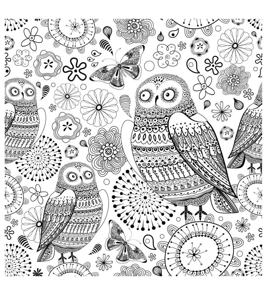 Coloring Patterned owls and butterflies. Category patterns. Tags:  Patterns, animals.