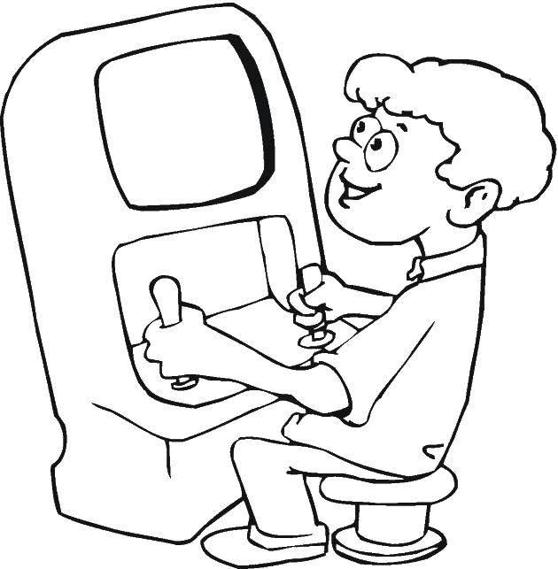 Розмальовки  Хлопчик грає на автоматі. Завантажити розмальовку ігри, хлопчик, автомат.  Роздрукувати ,ігри,