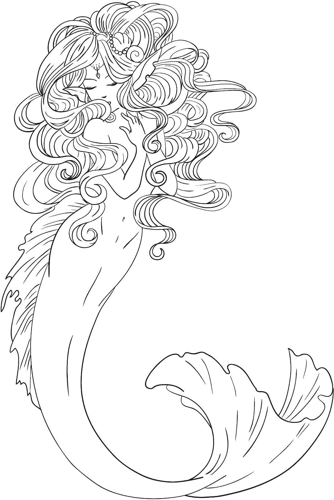 Опис: розмальовки  Русалка з шикарними волоссям. Категорія: Фентезі. Теги:  фентезі, дівчина, русалка, волосся.
