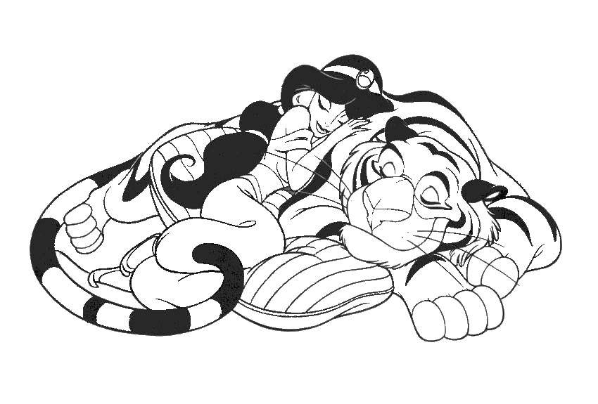 Розмальовки  Жасмин спить на тигрі. Завантажити розмальовку принцеси, тигр, сон, Жасмин.  Роздрукувати ,Принцеси,