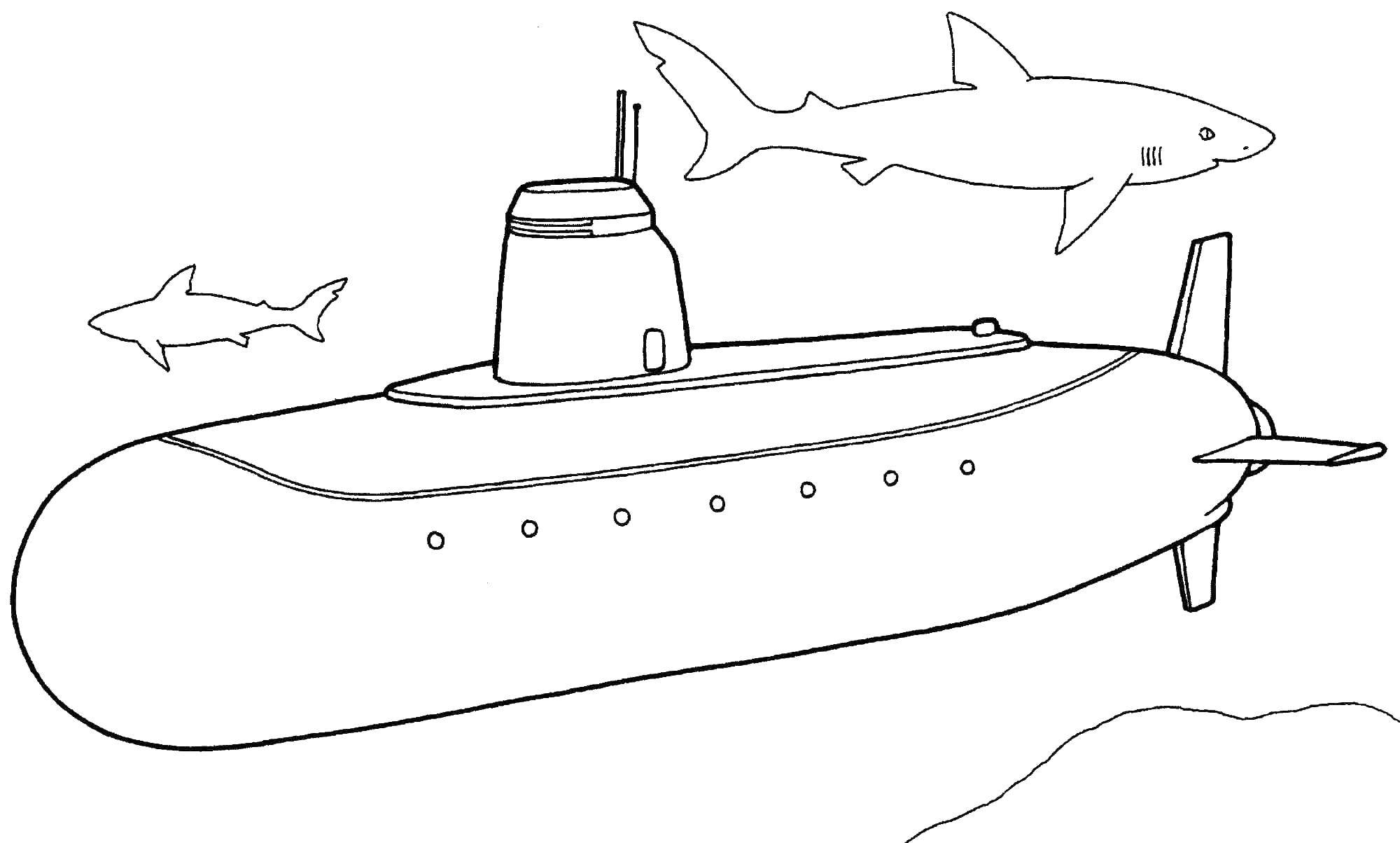 Название: Раскраска Акула около лодки. Категория: подводная лодка. Теги: Подводный мир.