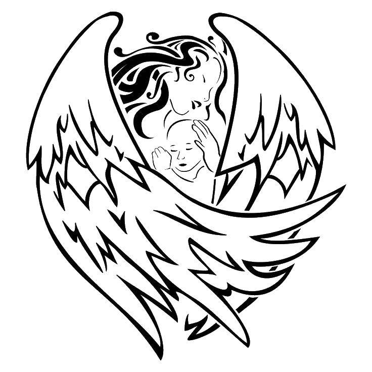 Coloring Angel covers child. Category angels. Tags:  angels, wings, child.