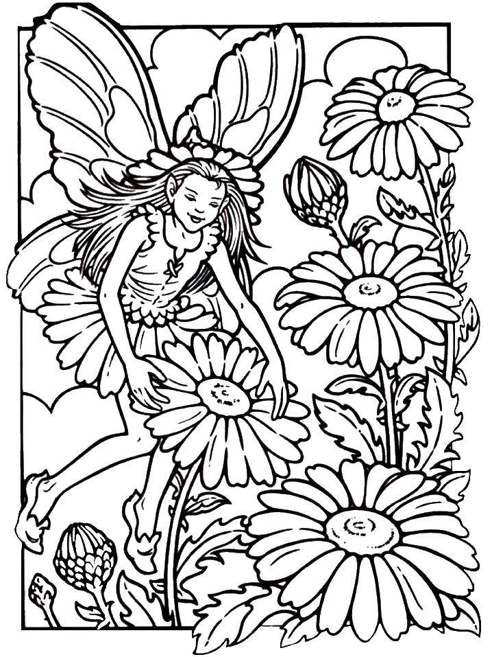 Название: Раскраска Девочка фея летает около цветов. Категория: Фэнтези. Теги: фэнтези, феи, растения.