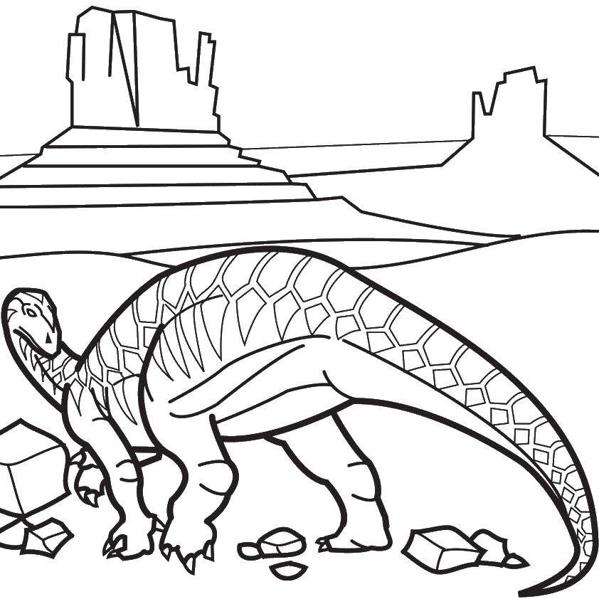 Название: Раскраска Динозавр у скал. Категория: динозавр. Теги: динозавр, природа.