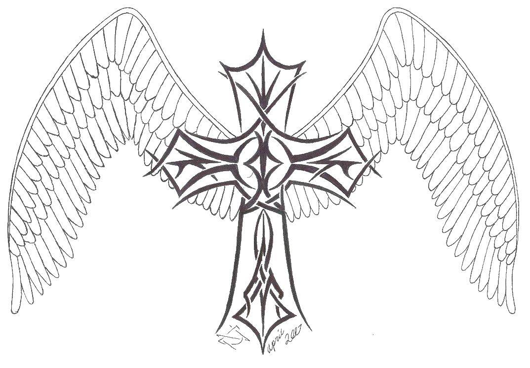 Название: Раскраска Крест с крыльями. Категория: раскраски. Теги: крылья, перья, кресты.