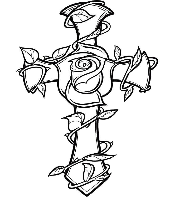 Coloring Cross with rose. Category Cross. Tags:  cross, rose, flower.
