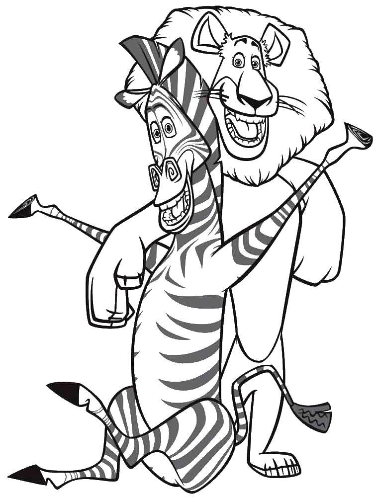 Название: Раскраска Лев и зебра мадагаскара. Категория: мадагаскар. Теги: мадагаскар, мультфильм, лев, зебра.