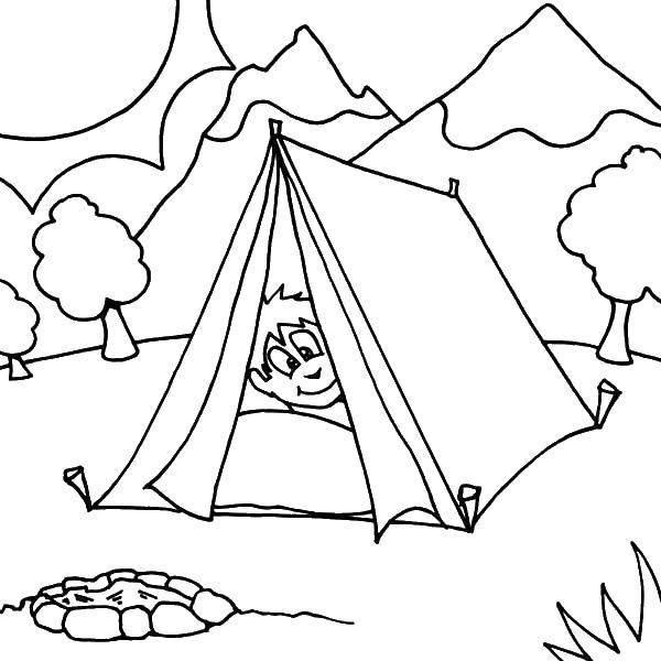 Название: Раскраска Мальчик в палатке. Категория: Отдых на природе. Теги: отдых, природа, поход, мальчик, палатка.