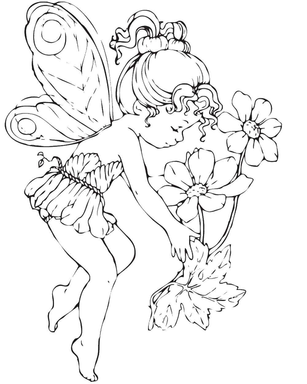 Coloring Little fairy with flowers. Category Fantasy. Tags:  fantasy, flowers, girl, fairy.