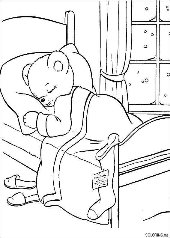 Название: Раскраска Мишка спит в кроватке. Категория: Сон. Теги: сон, мишка, кровать.