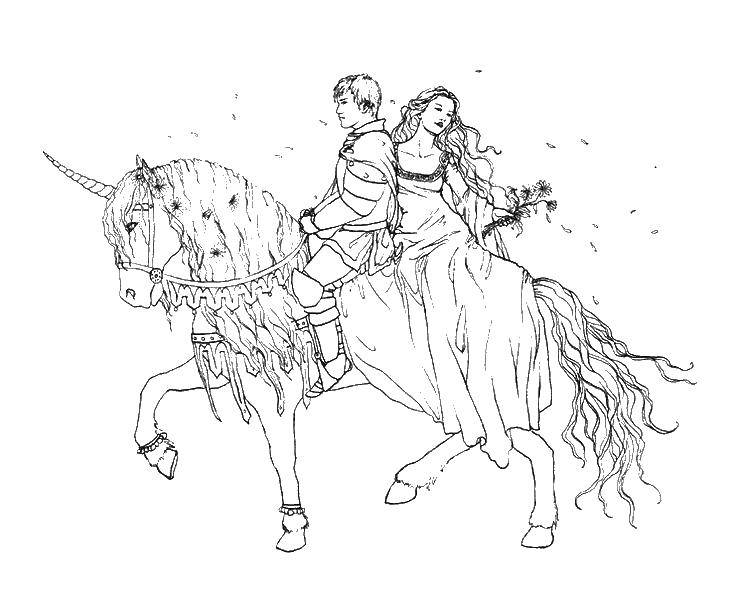 Coloring A guy and a girl on a unicorn. Category Fantasy. Tags:  fantasy, unicorn, boy, girl.