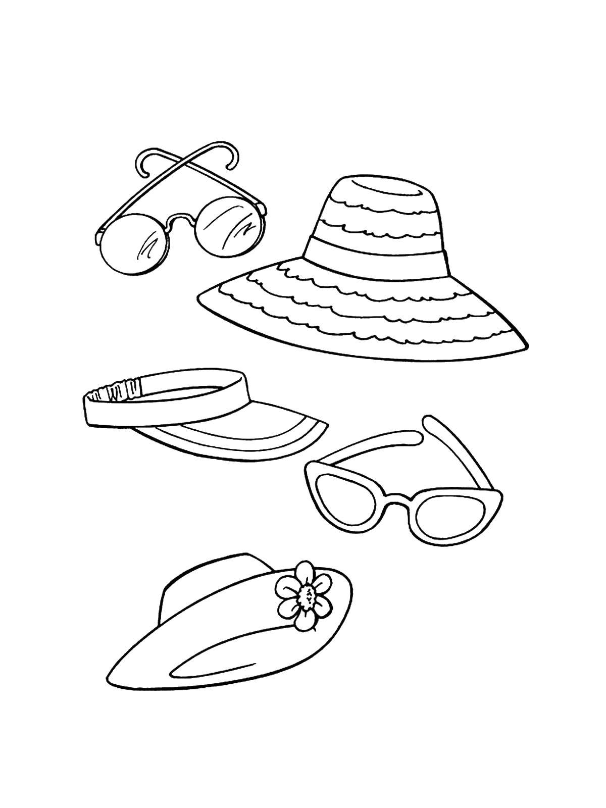 Название: Раскраска Пляжные принадлежности. Категория: одежда. Теги: Одежда, пляж, очки, шляпки, козырёк.