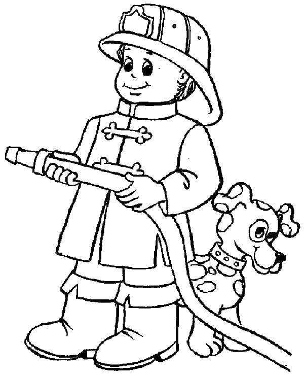 Coloring Firefighter with dog. Category Fire. Tags:  fire, fire, dog.
