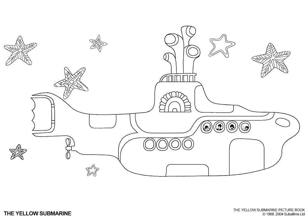 Coloring Submarine and stars. Category submarine. Tags:  submarine, boat.