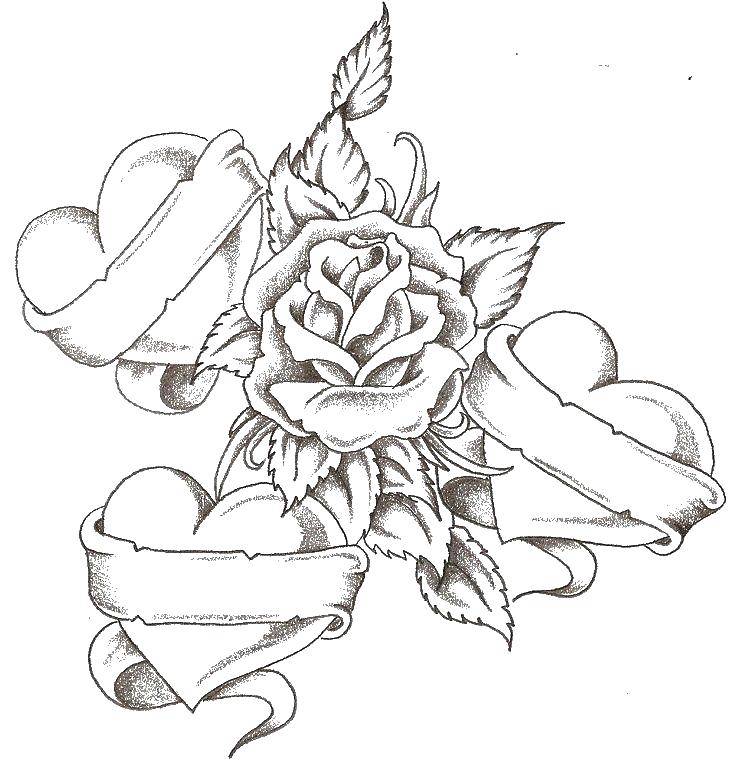 Название: Раскраска Три сердца и роза. Категория: цветы. Теги: цветы, роза, сердца.