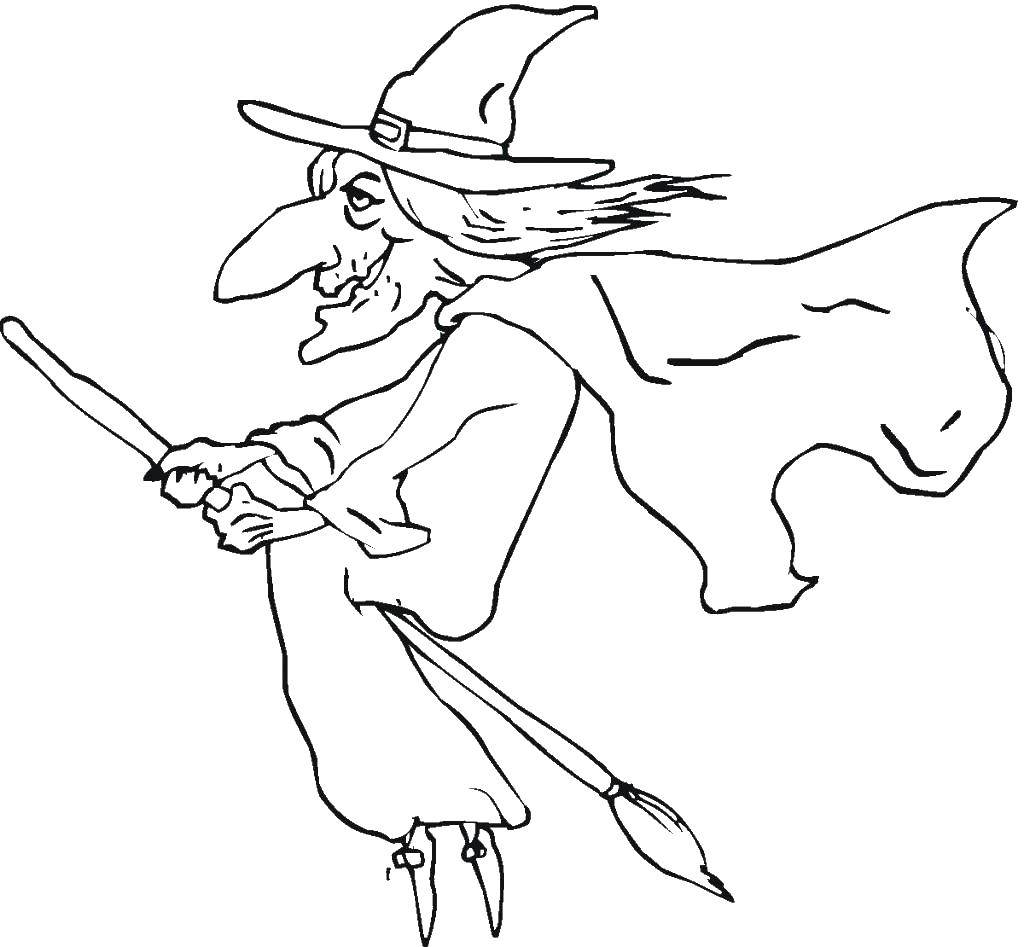 Coloring Witch on her broomstick. Category witch. Tags:  Halloween, witch.
